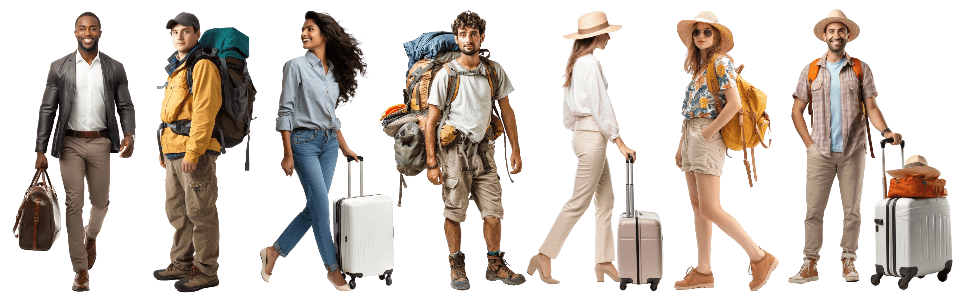 Seven travellers walking in a row with backpacks, suitcases and sun hats